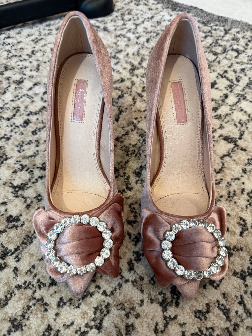 Topshop Rose Satin Pointed Toe Flats with Crystal Circle Buckle